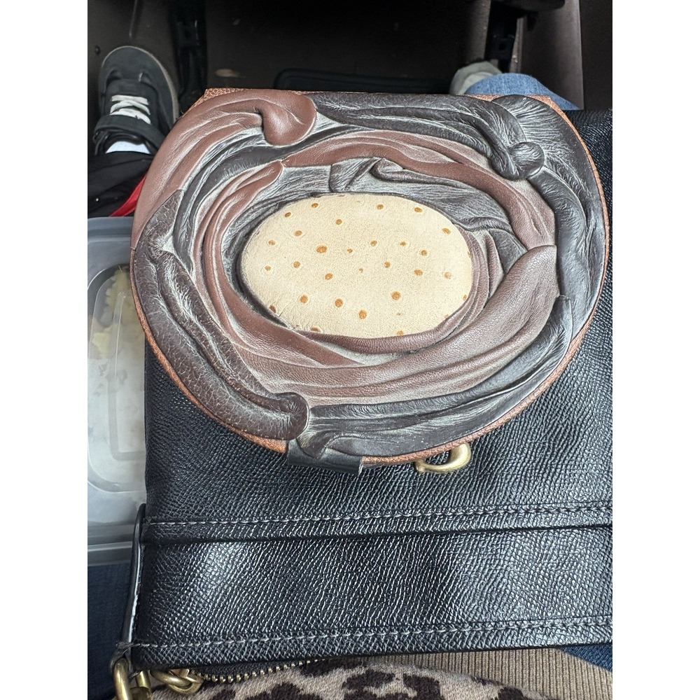 Vintage Mexican Tooled Leather Round Trinket Box Tortilla Design Folk Art